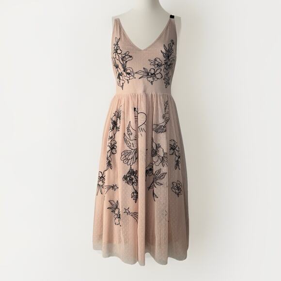 Express Dresses & Skirts - Express Womens Tulle Tattoo Midi Dress 8 Pink Nude Embroidered Floral Rockabilly